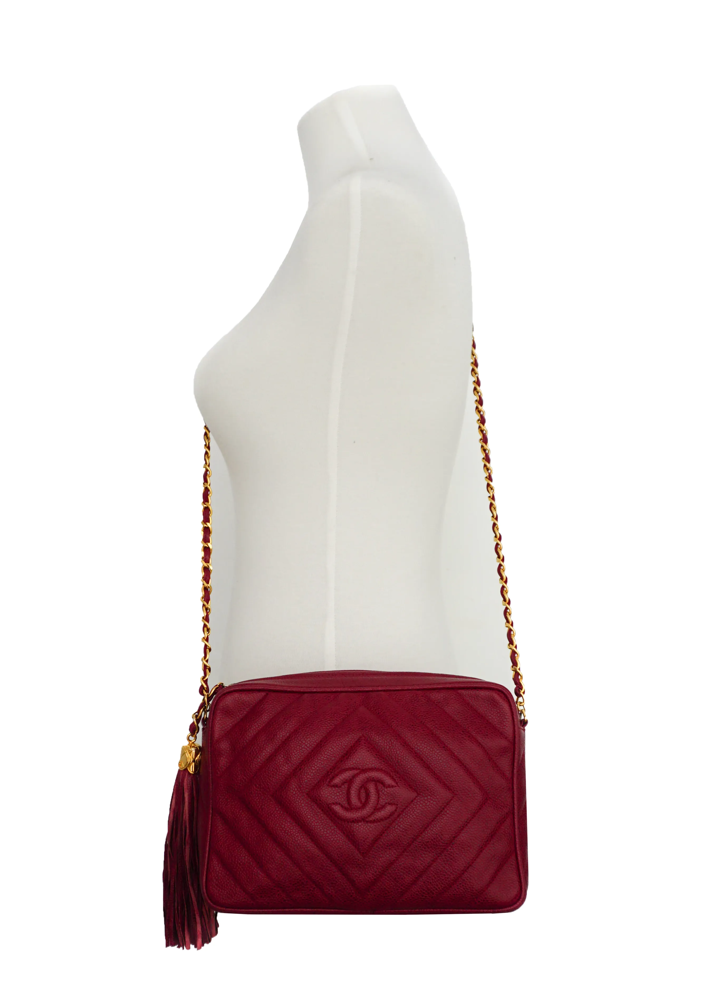 Chanel Vintage Rare Red Caviar Diamond Camera Bag