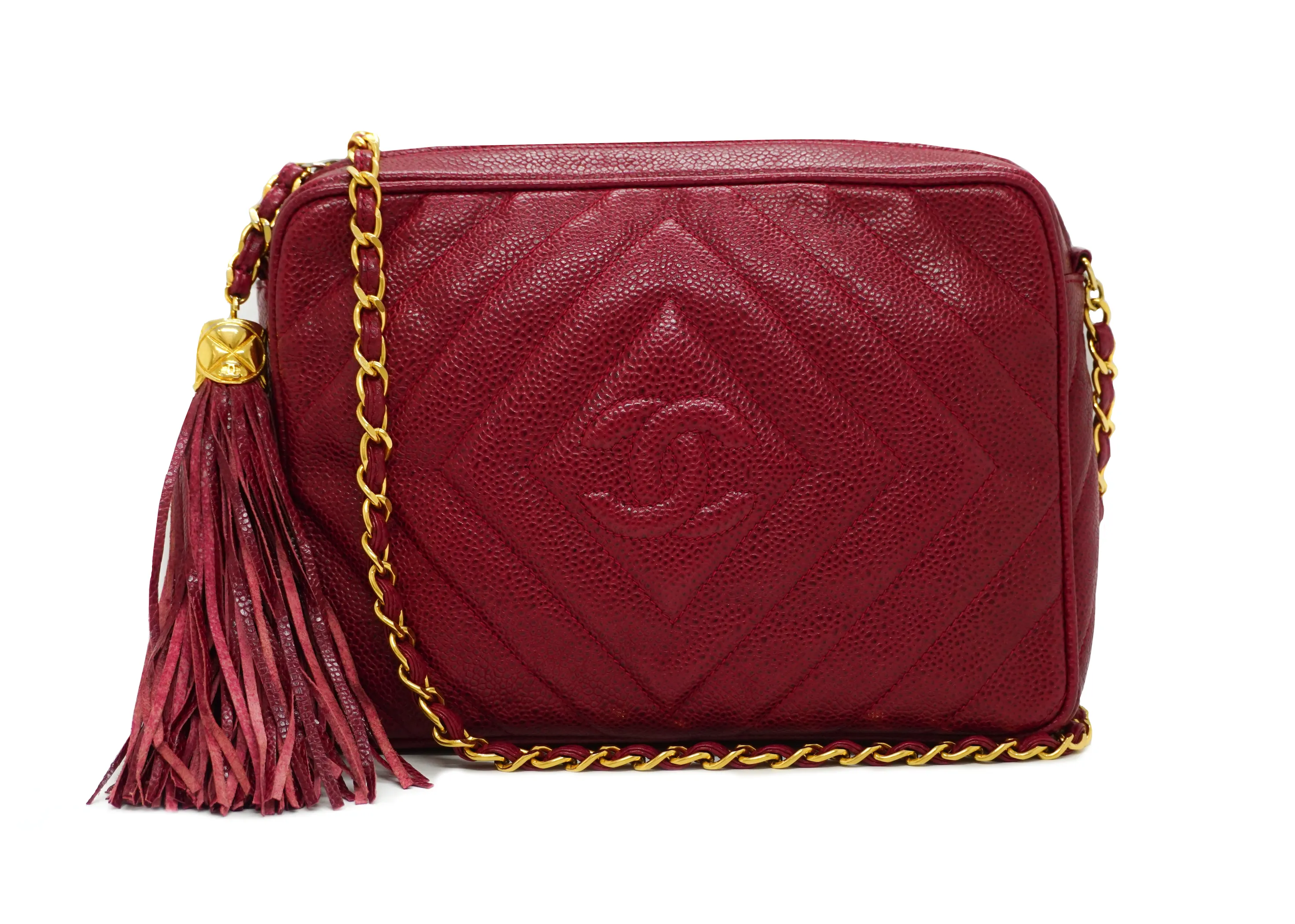 Chanel Vintage Rare Red Caviar Diamond Camera Bag