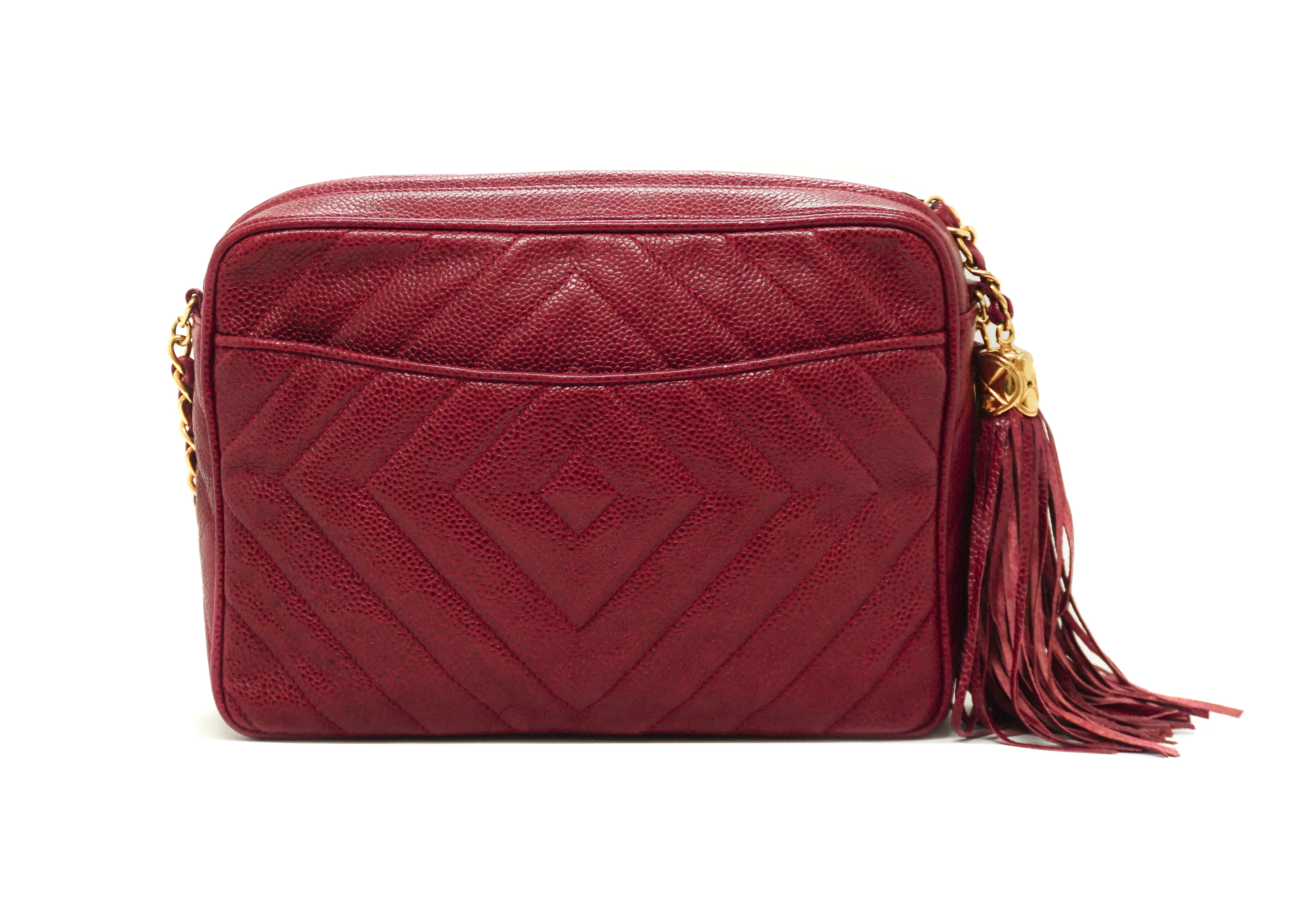 Chanel Vintage Rare Red Caviar Diamond Camera Bag