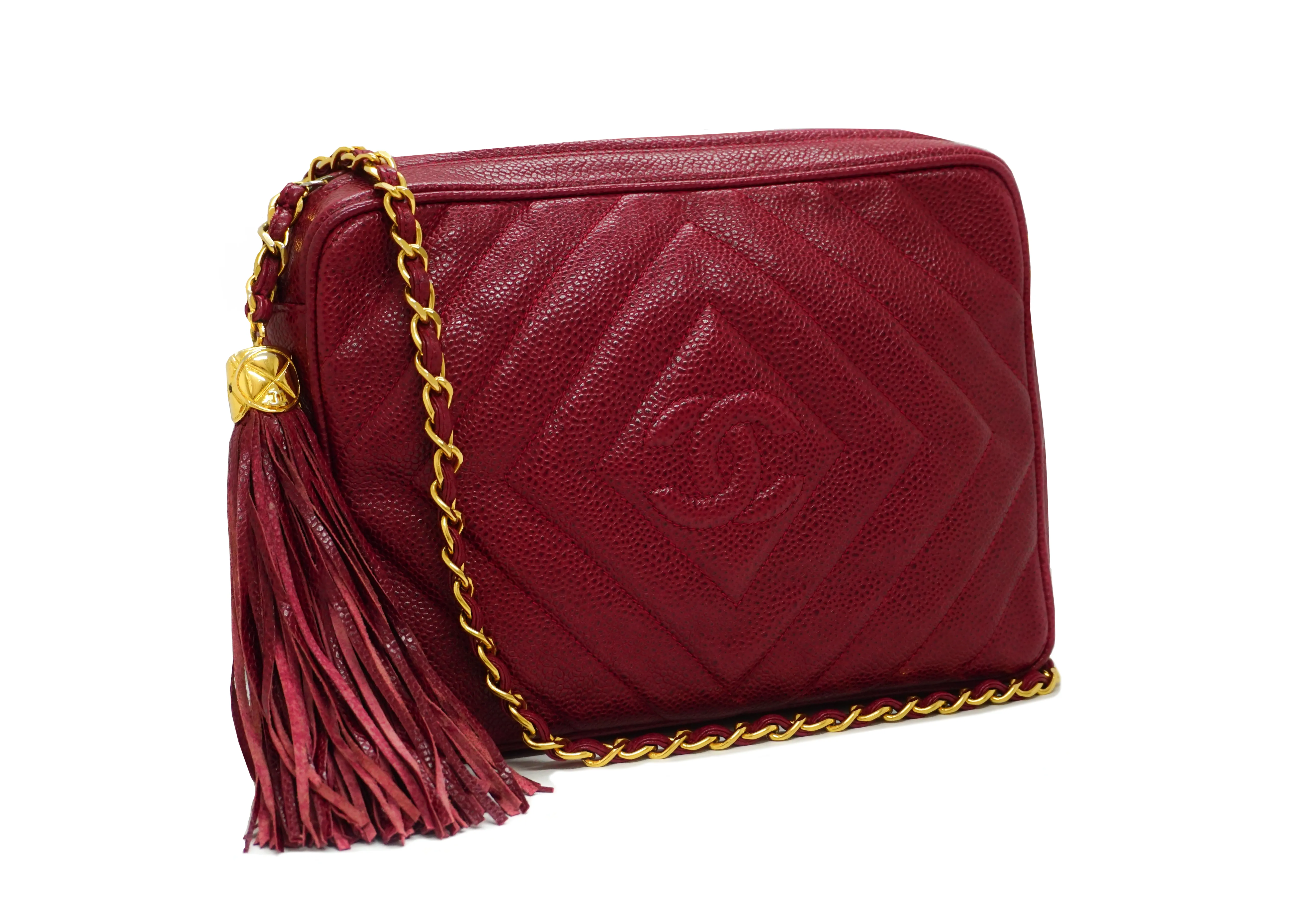 Chanel Vintage Rare Red Caviar Diamond Camera Bag