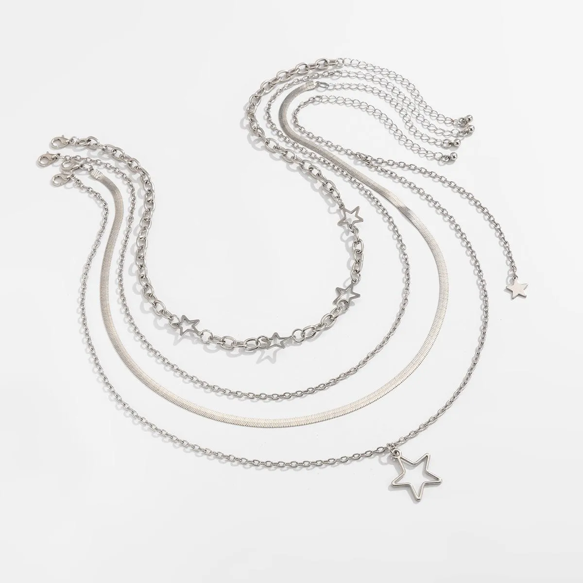Charming 4pcs Hollow Star Pendant Snake Curb Chain Necklace Set