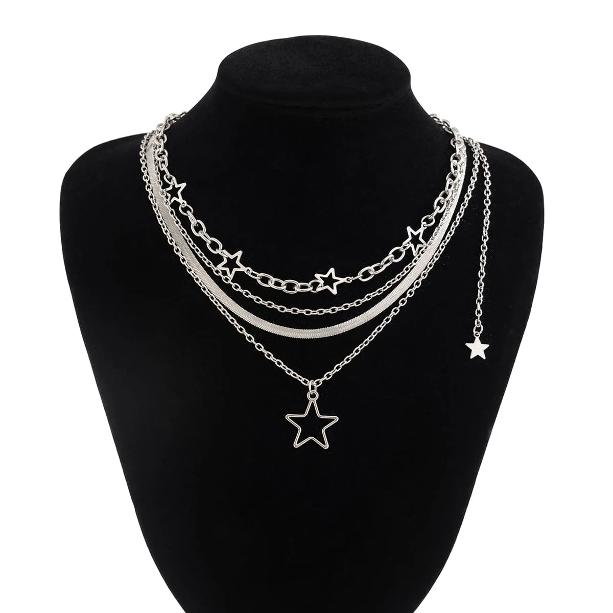 Charming 4pcs Hollow Star Pendant Snake Curb Chain Necklace Set