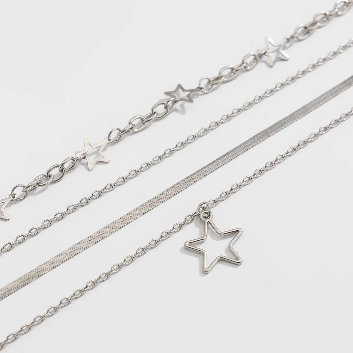 Charming 4pcs Hollow Star Pendant Snake Curb Chain Necklace Set