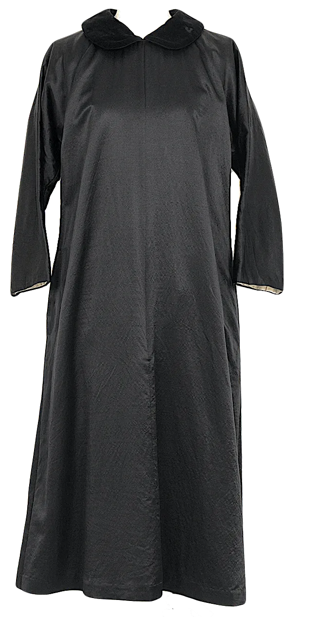 Comme des Garcons Japan. Black Peter Pan Collar Shiny Wool Silk Dress