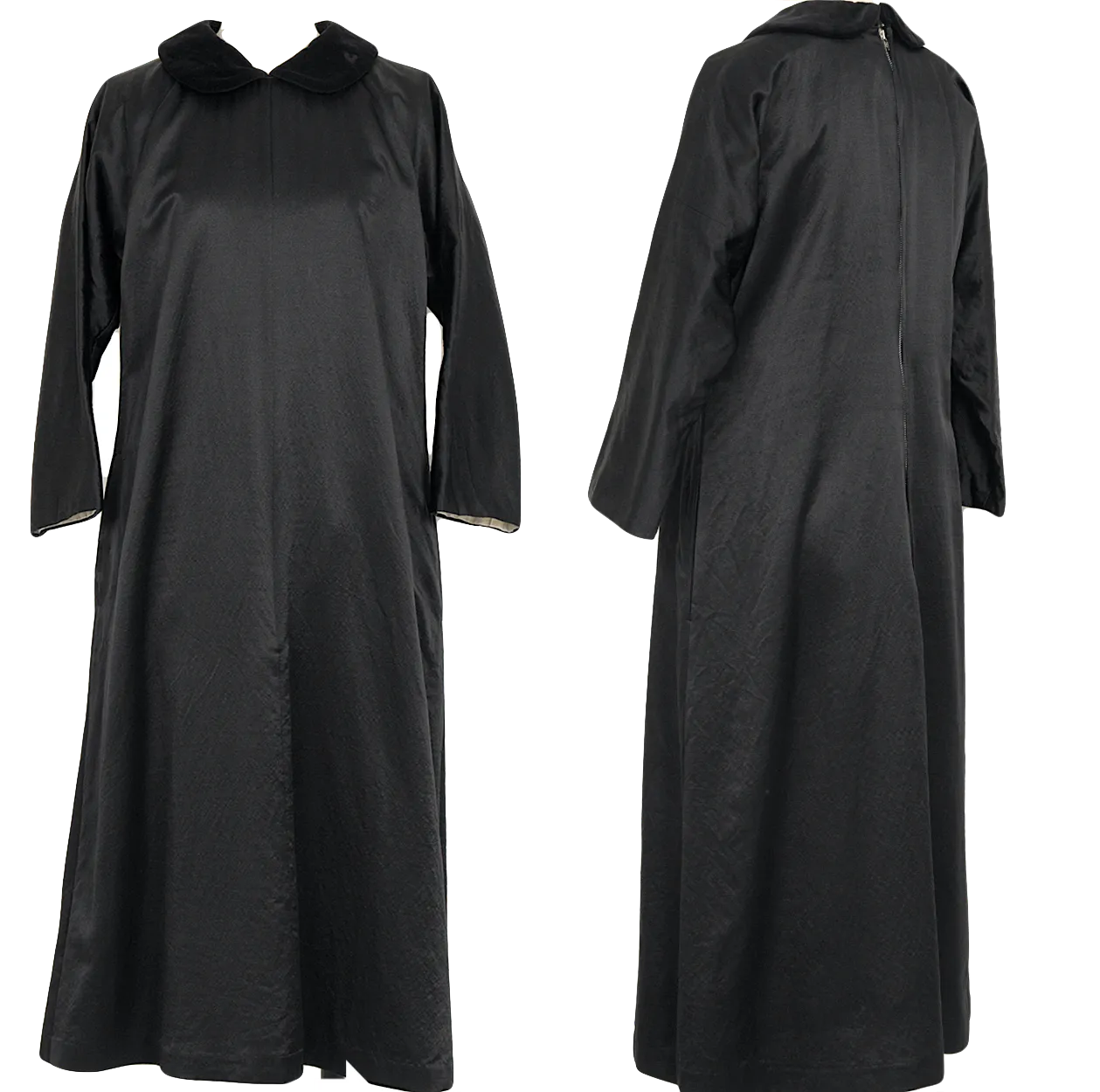 Comme des Garcons Japan. Black Peter Pan Collar Shiny Wool Silk Dress