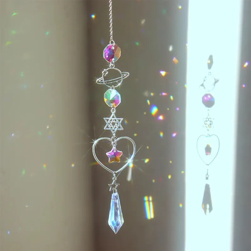 Elegant Suncatcher Crystal Wind Chime with Star, Moon, and Diamond Design - Hanging Prisms for Rainbow Light Effects - Decorative Pendant for Home and Garden