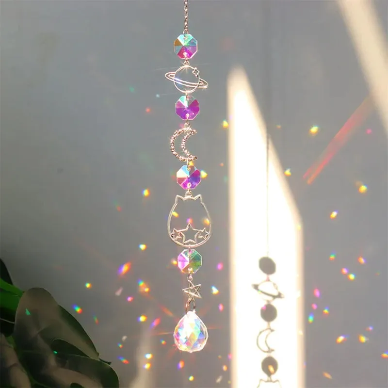 Elegant Suncatcher Crystal Wind Chime with Star, Moon, and Diamond Design - Hanging Prisms for Rainbow Light Effects - Decorative Pendant for Home and Garden
