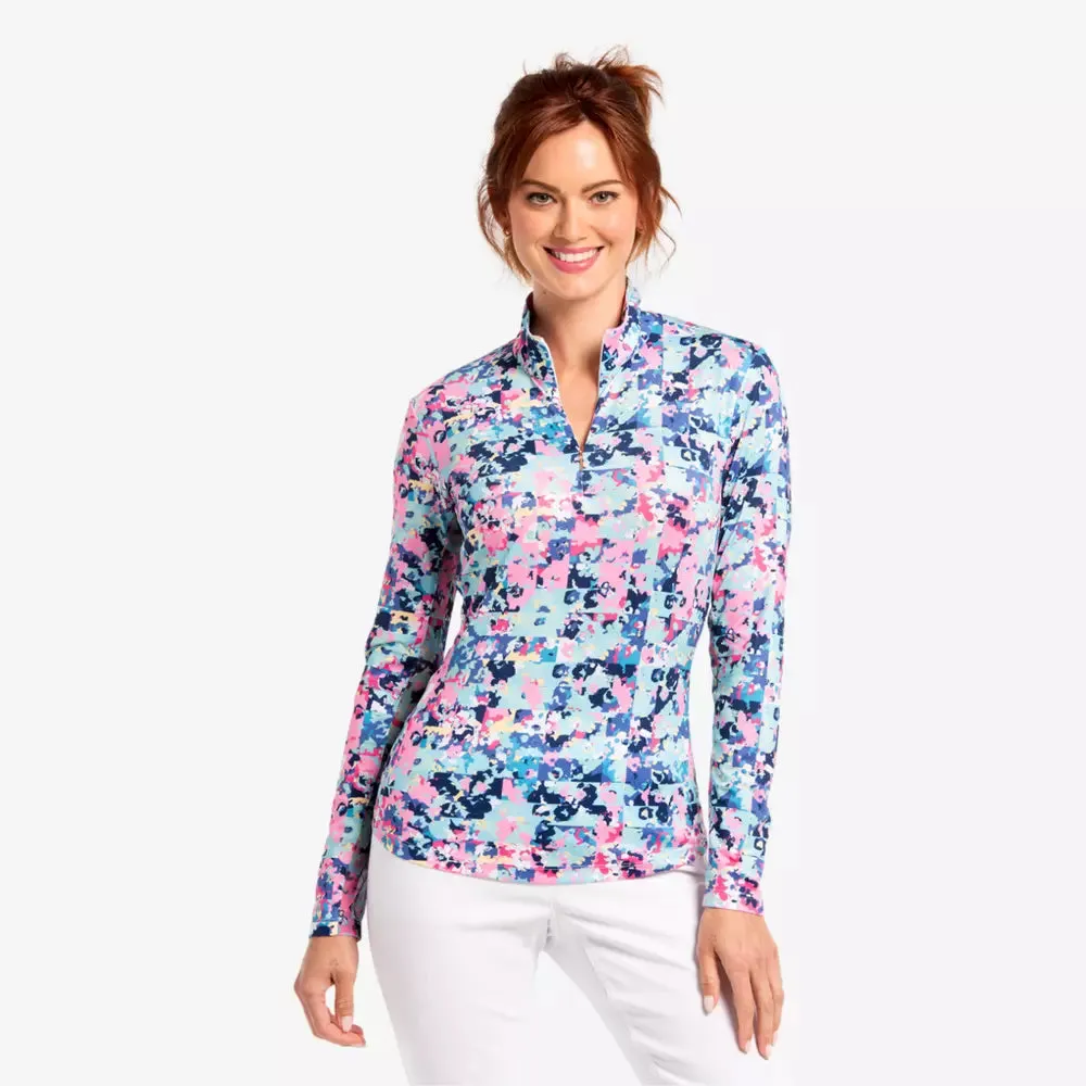 EP NY Long Sleeve  FLORAL Zip Mock Polo -Splash/ Multi
