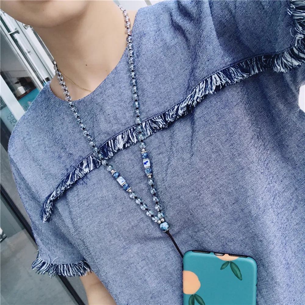 Fashion Hand-woven Mobile Phone Chain Blue White Porcelain Crystal Shiny Pendant  Pink