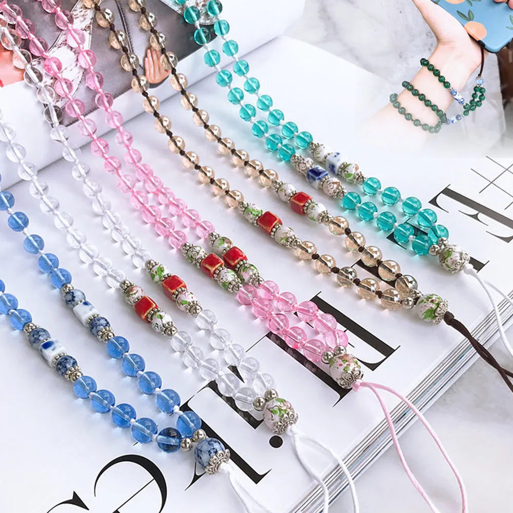 Fashion Hand-woven Mobile Phone Chain Blue White Porcelain Crystal Shiny Pendant  Pink