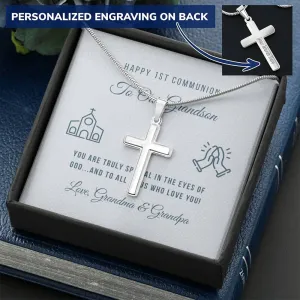 First Communion Personalized Cross Necklace-To Grandson, From Grandparents