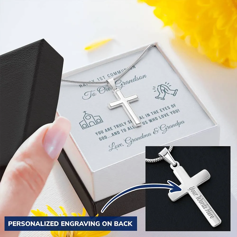 First Communion Personalized Cross Necklace-To Grandson, From Grandparents