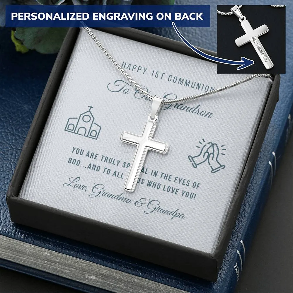 First Communion Personalized Cross Necklace-To Grandson, From Grandparents
