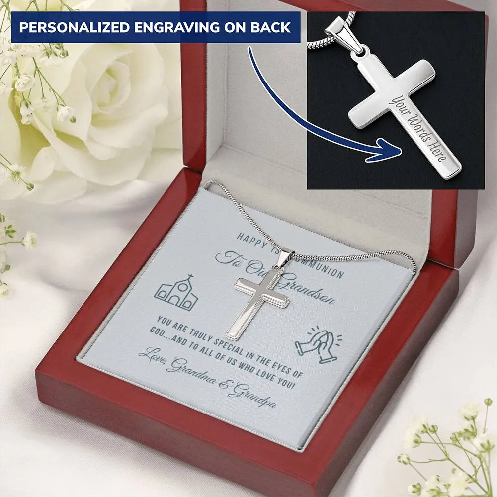 First Communion Personalized Cross Necklace-To Grandson, From Grandparents