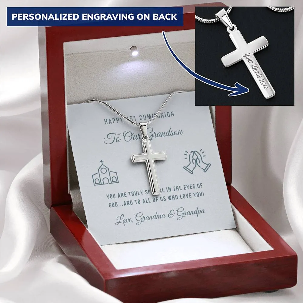 First Communion Personalized Cross Necklace-To Grandson, From Grandparents