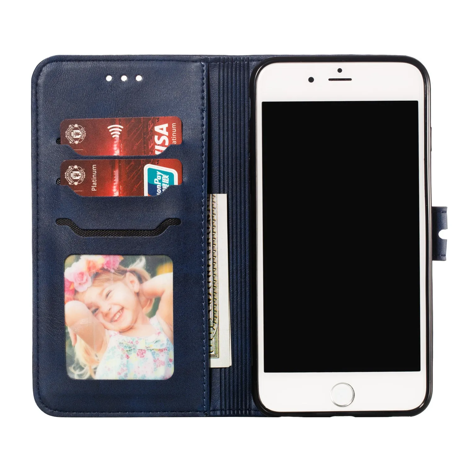 For iPhone 6 plus/6S plus/7 plus/8 plus Wallet-type Cute Cartoon Embossed Happy Cat PU Leather Protective Phone Case with Buckle & Bracket blue