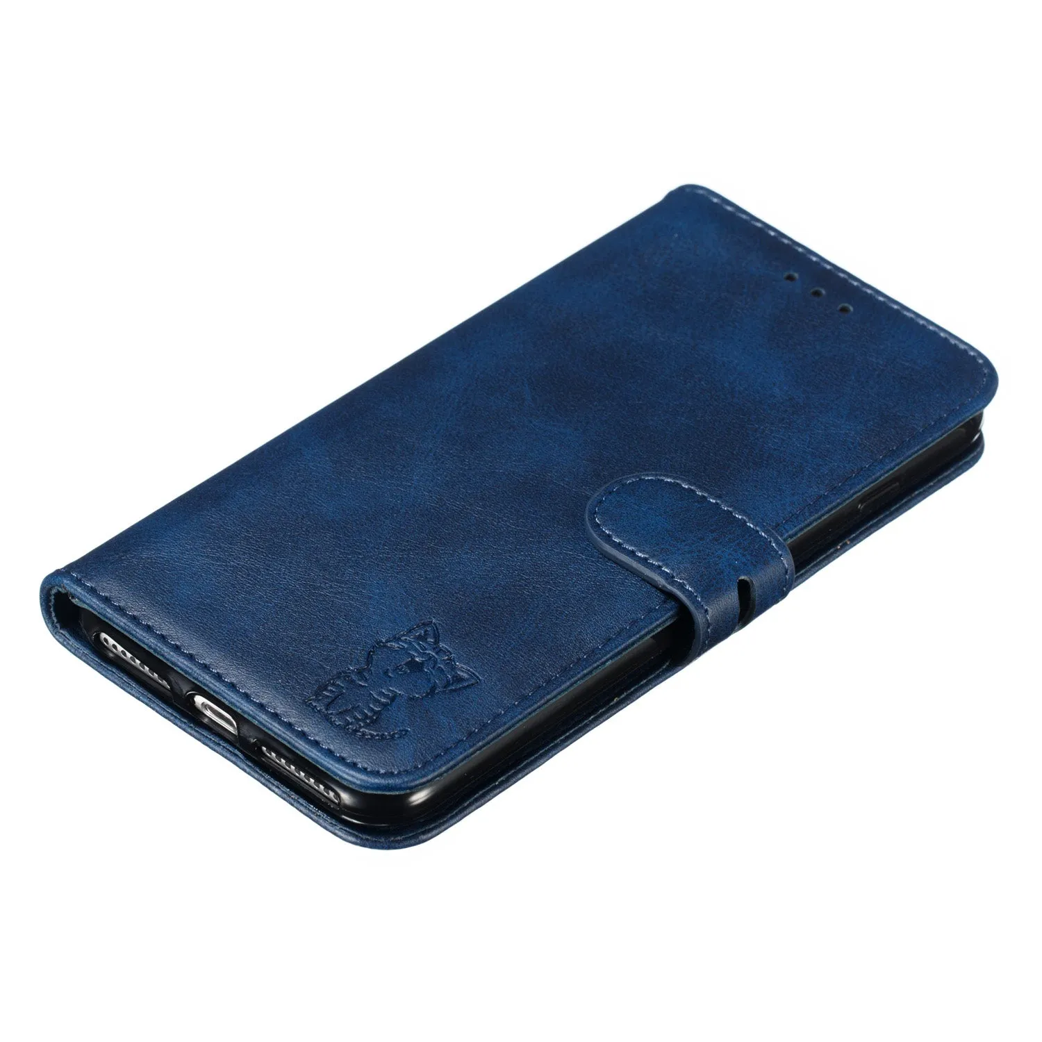 For iPhone 6 plus/6S plus/7 plus/8 plus Wallet-type Cute Cartoon Embossed Happy Cat PU Leather Protective Phone Case with Buckle & Bracket blue