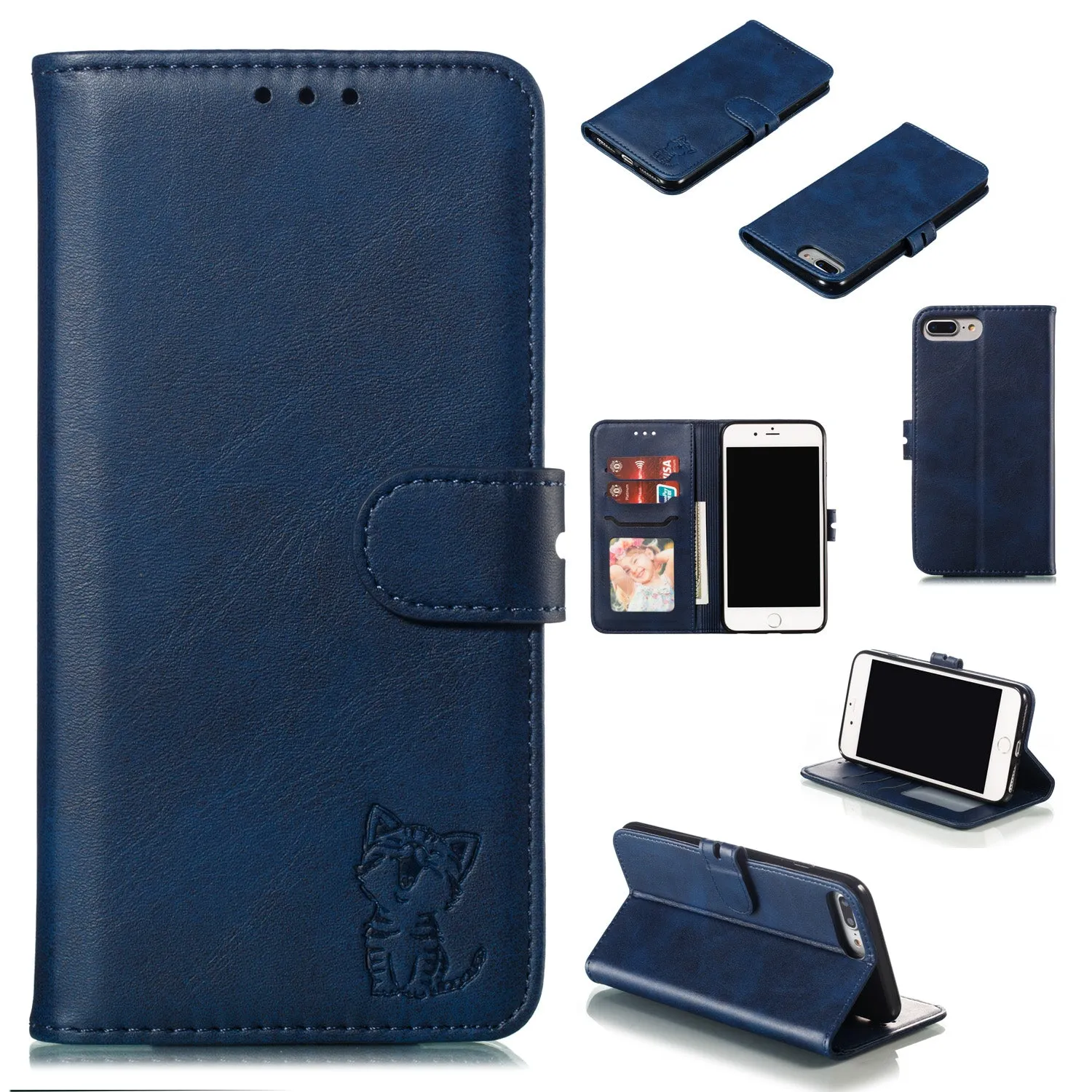 For iPhone 6 plus/6S plus/7 plus/8 plus Wallet-type Cute Cartoon Embossed Happy Cat PU Leather Protective Phone Case with Buckle & Bracket blue