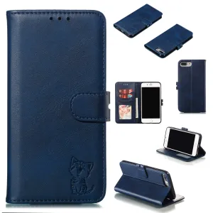 For iPhone 6 plus/6S plus/7 plus/8 plus Wallet-type Cute Cartoon Embossed Happy Cat PU Leather Protective Phone Case with Buckle & Bracket blue