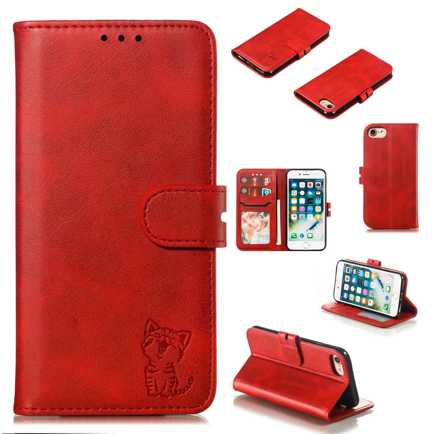 For iPhone 6/6S/7/8 Wallet-type Cute Cartoon Embossed Happy Cat PU Leather Protective Phone Case with Buckle & Bracket blue