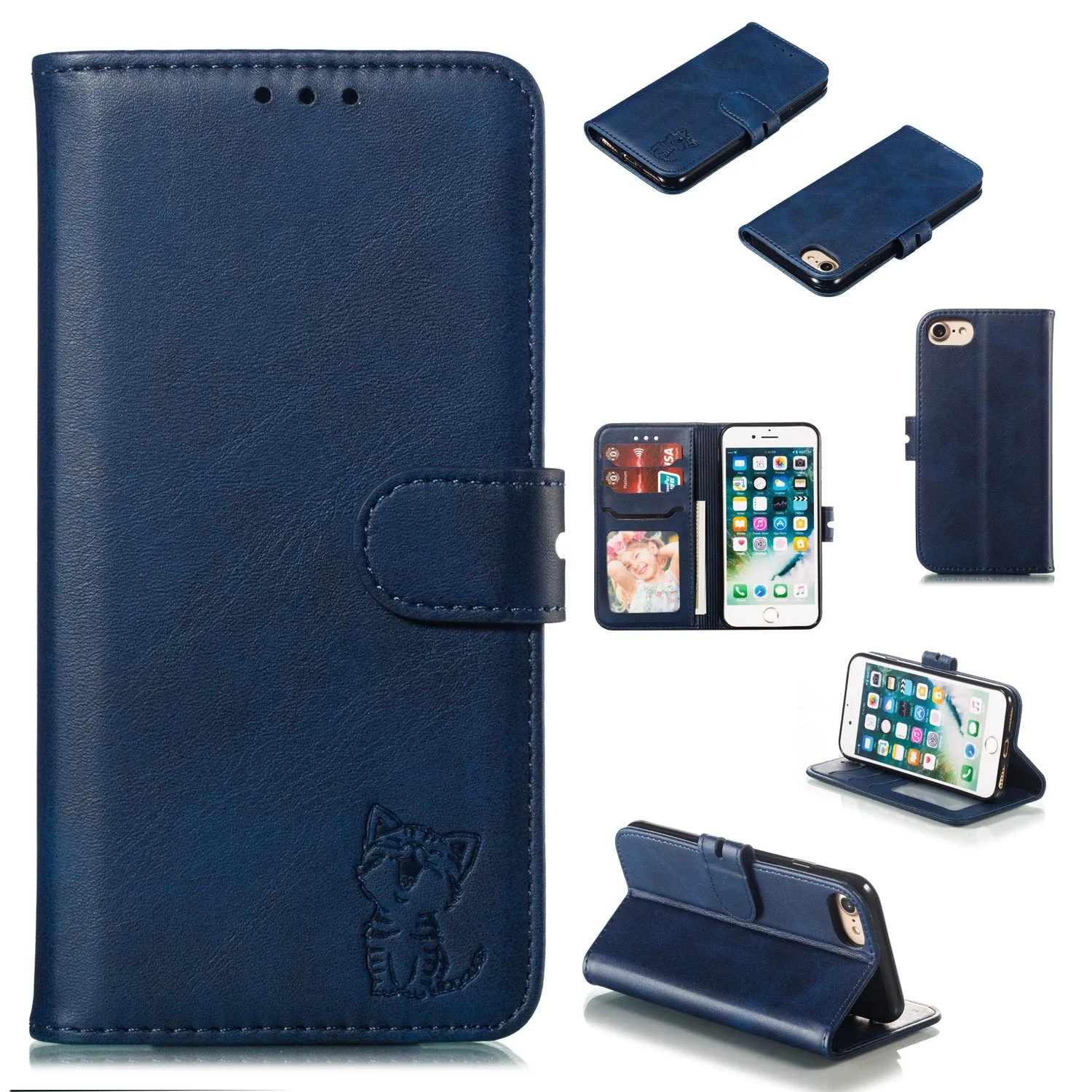 For iPhone 6/6S/7/8 Wallet-type Cute Cartoon Embossed Happy Cat PU Leather Protective Phone Case with Buckle & Bracket blue