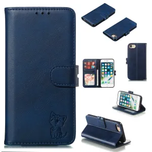 For iPhone 6/6S/7/8 Wallet-type Cute Cartoon Embossed Happy Cat PU Leather Protective Phone Case with Buckle & Bracket blue