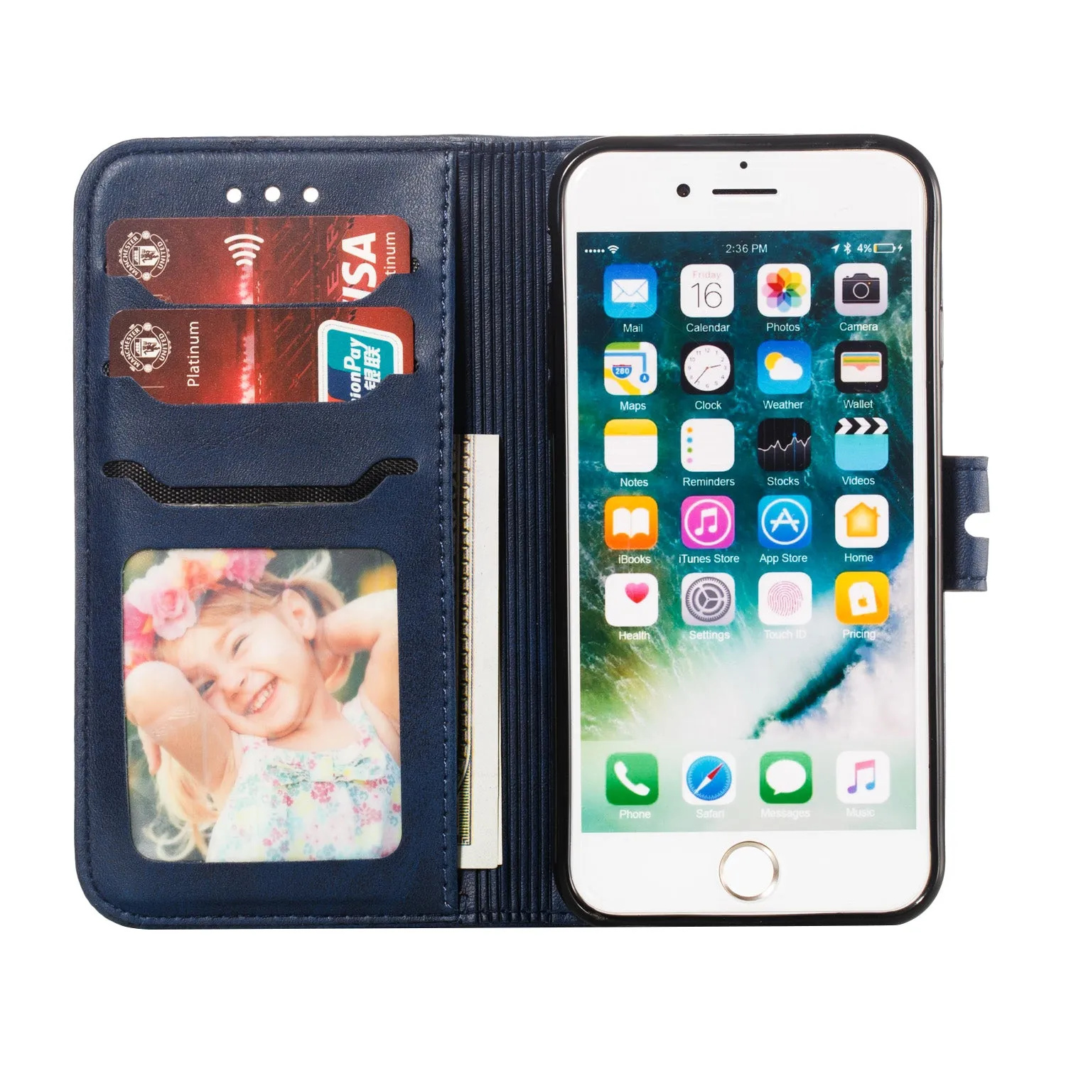 For iPhone 6/6S/7/8 Wallet-type Cute Cartoon Embossed Happy Cat PU Leather Protective Phone Case with Buckle & Bracket blue