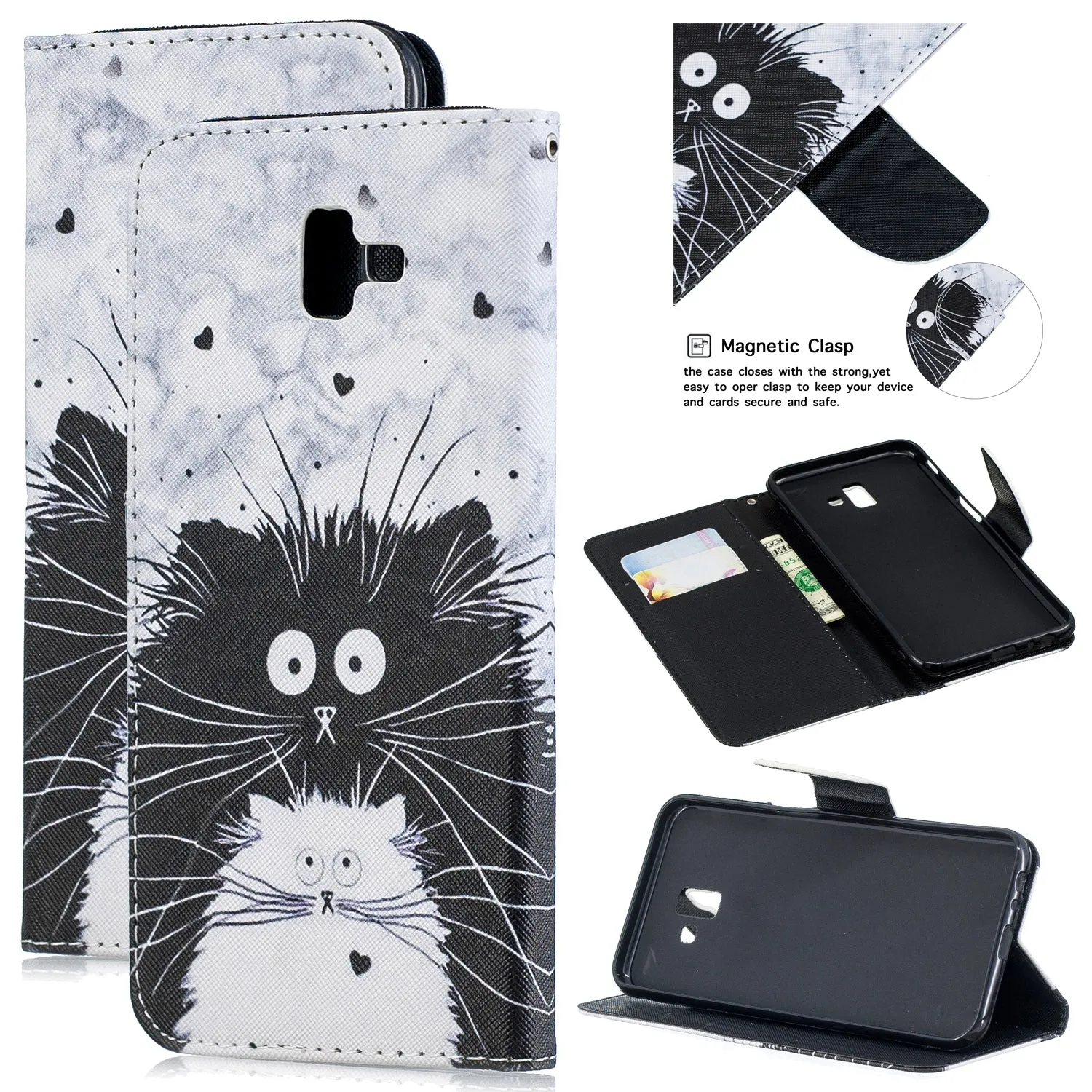 For Samsung J4 Plus/J6 Plus Cartoon Phone Shell Delicate Smartphone Case PU Leather Overall Protective Wallet Design Black white cat
