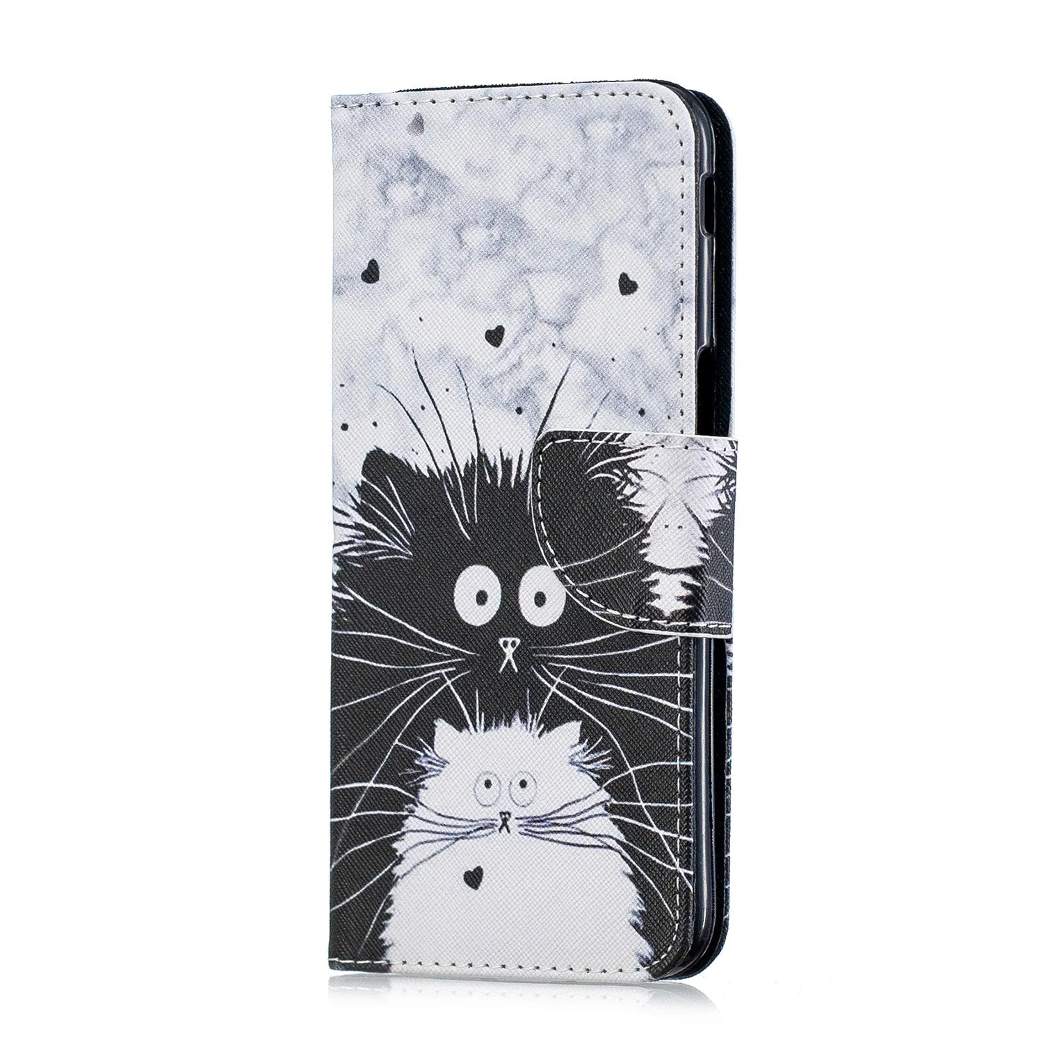 For Samsung J4 Plus/J6 Plus Cartoon Phone Shell Delicate Smartphone Case PU Leather Overall Protective Wallet Design Black white cat