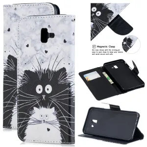 For Samsung J4 Plus/J6 Plus Cartoon Phone Shell Delicate Smartphone Case PU Leather Overall Protective Wallet Design Black white cat