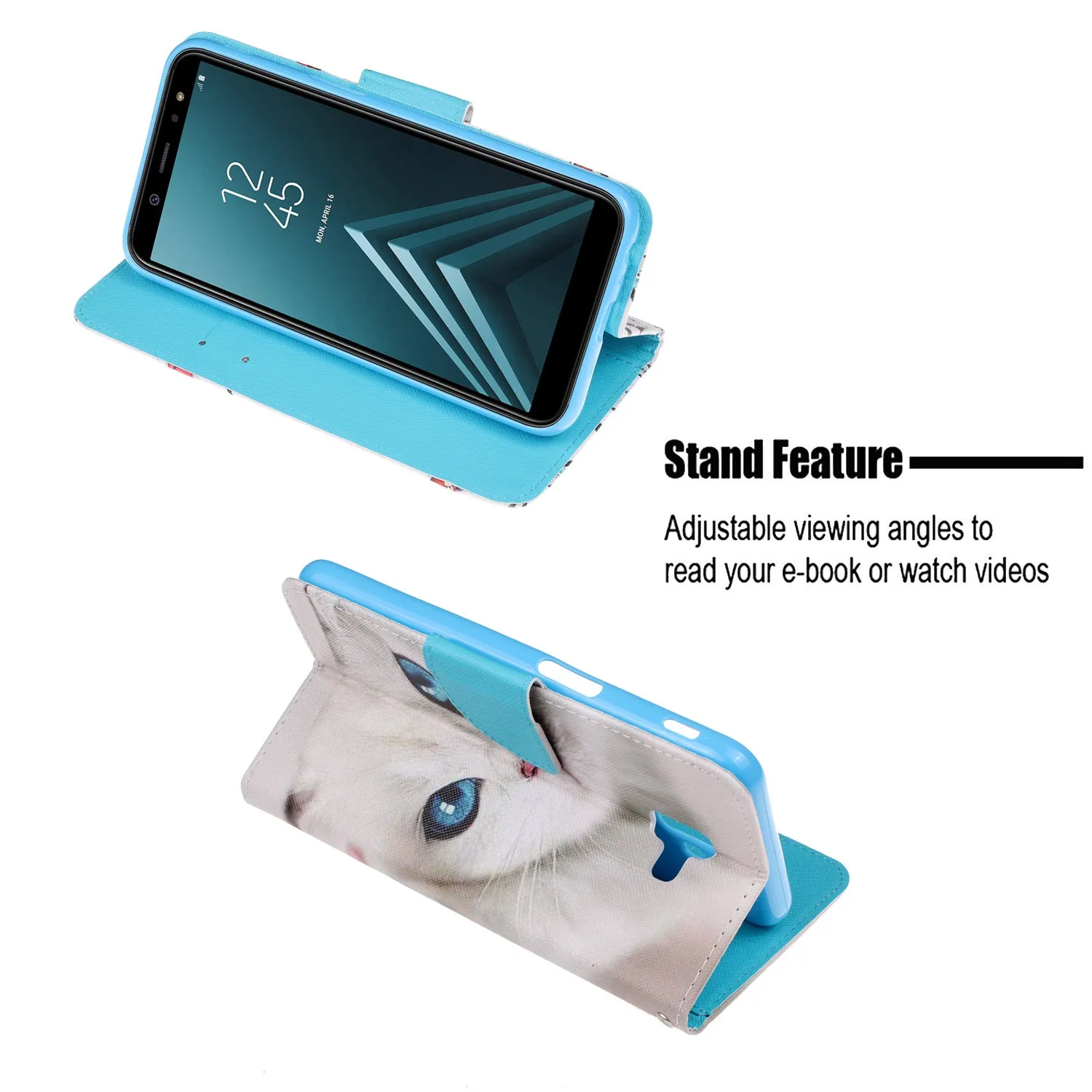 For Samsung J4 Plus/J6 Plus Cartoon Phone Shell Delicate Smartphone Case PU Leather Overall Protective Wallet Design Blue eyes cat
