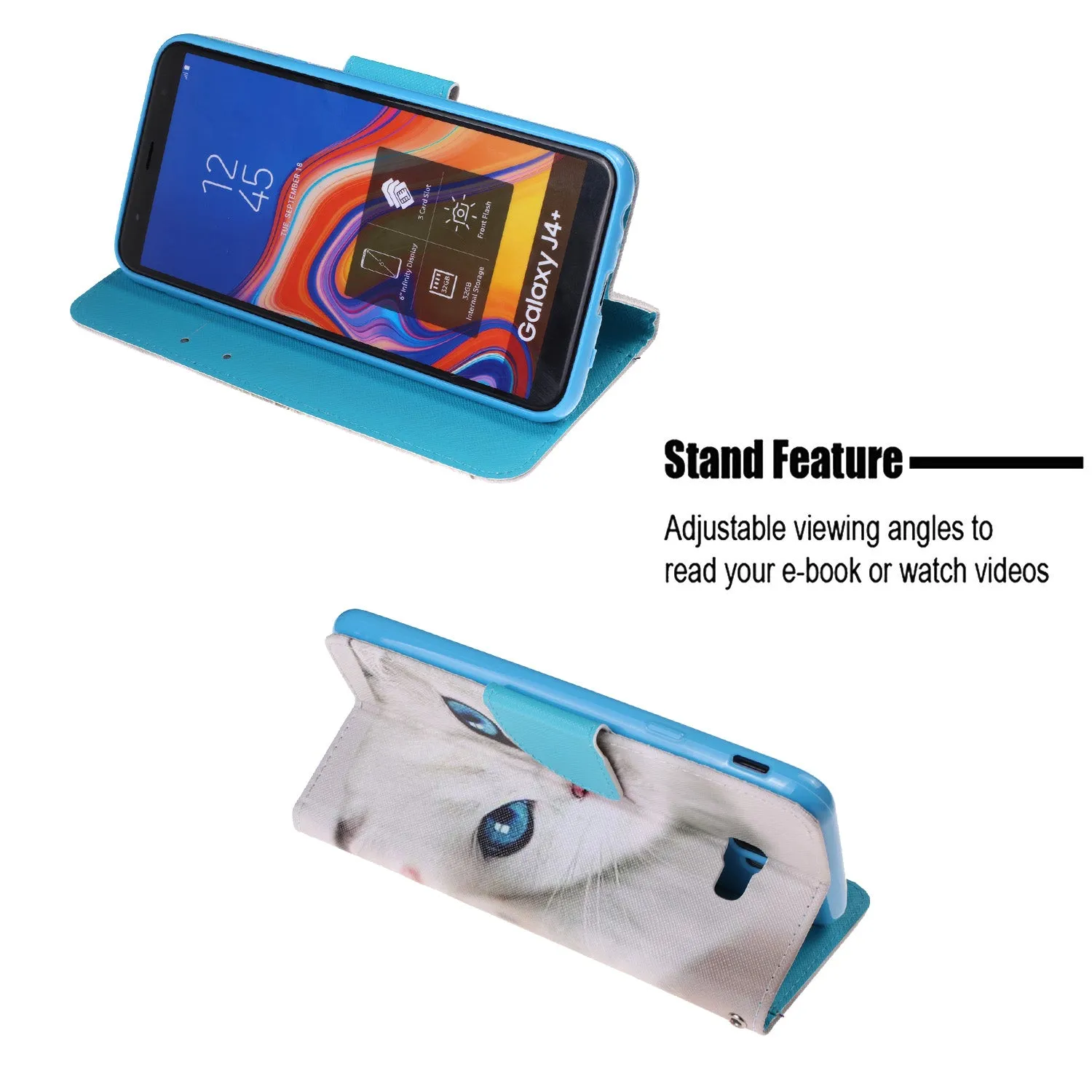 For Samsung J4 Plus/J6 Plus Cartoon Phone Shell Delicate Smartphone Case PU Leather Overall Protective Wallet Design Blue eyes cat