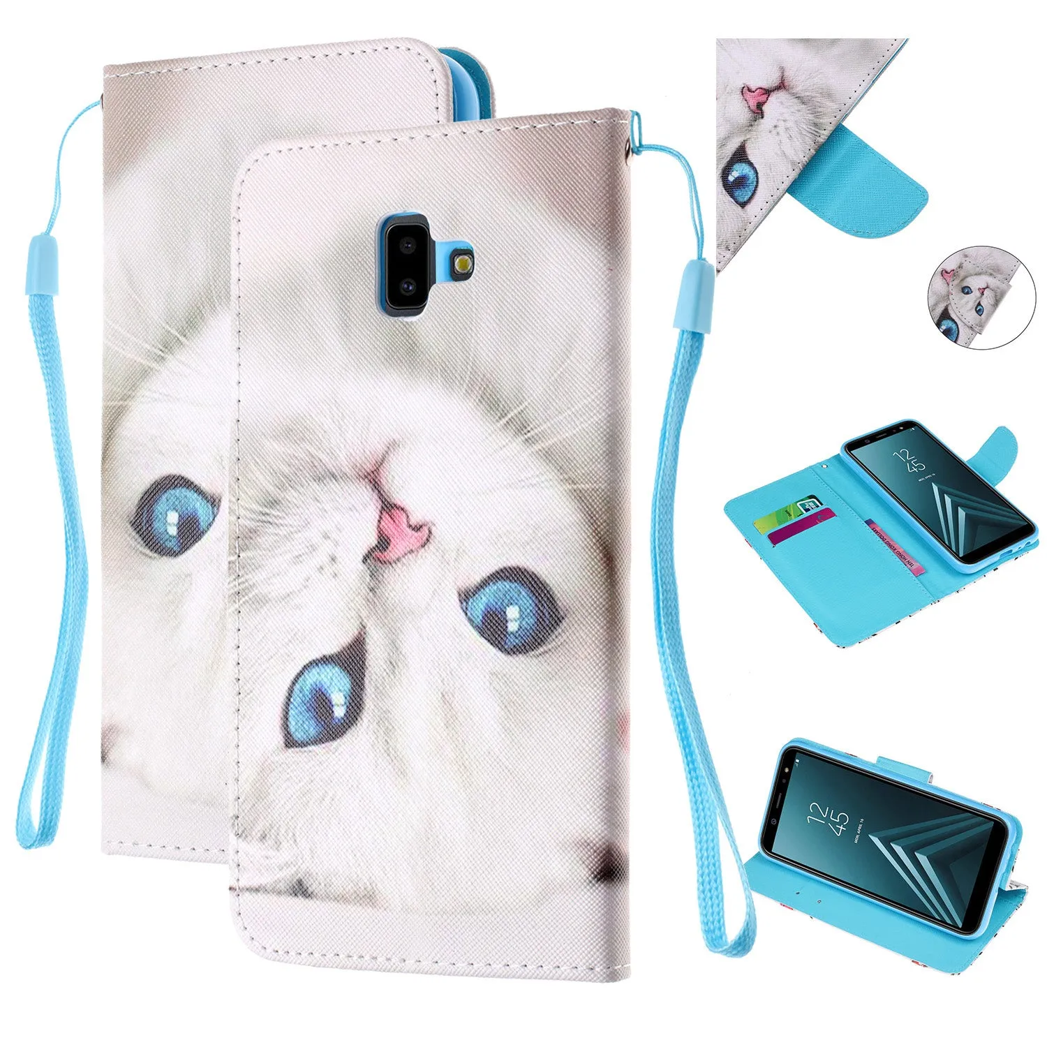 For Samsung J4 Plus/J6 Plus Cartoon Phone Shell Delicate Smartphone Case PU Leather Overall Protective Wallet Design Blue eyes cat