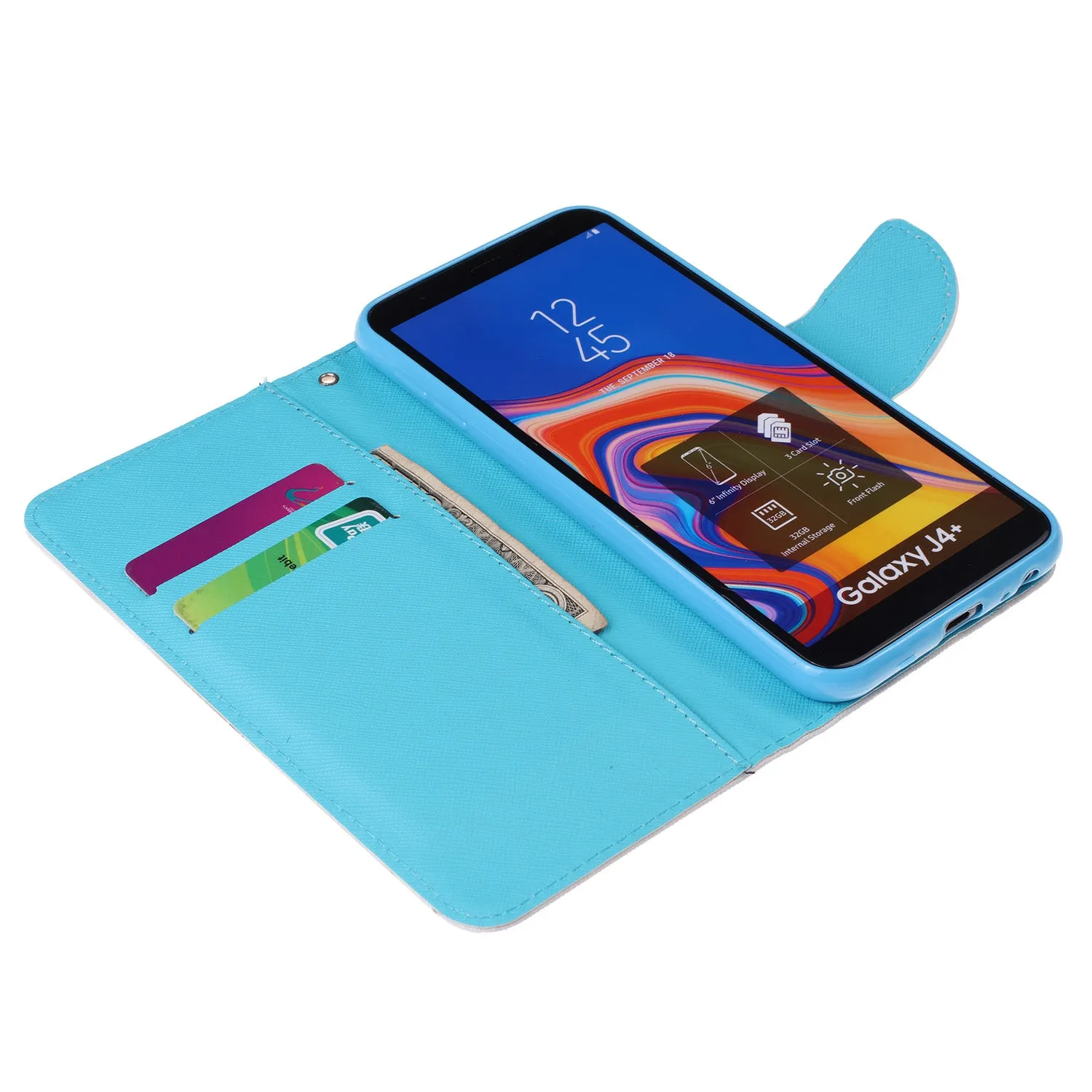 For Samsung J4 Plus/J6 Plus Cartoon Phone Shell Delicate Smartphone Case PU Leather Overall Protective Wallet Design Blue eyes cat