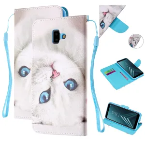 For Samsung J4 Plus/J6 Plus Cartoon Phone Shell Delicate Smartphone Case PU Leather Overall Protective Wallet Design Blue eyes cat