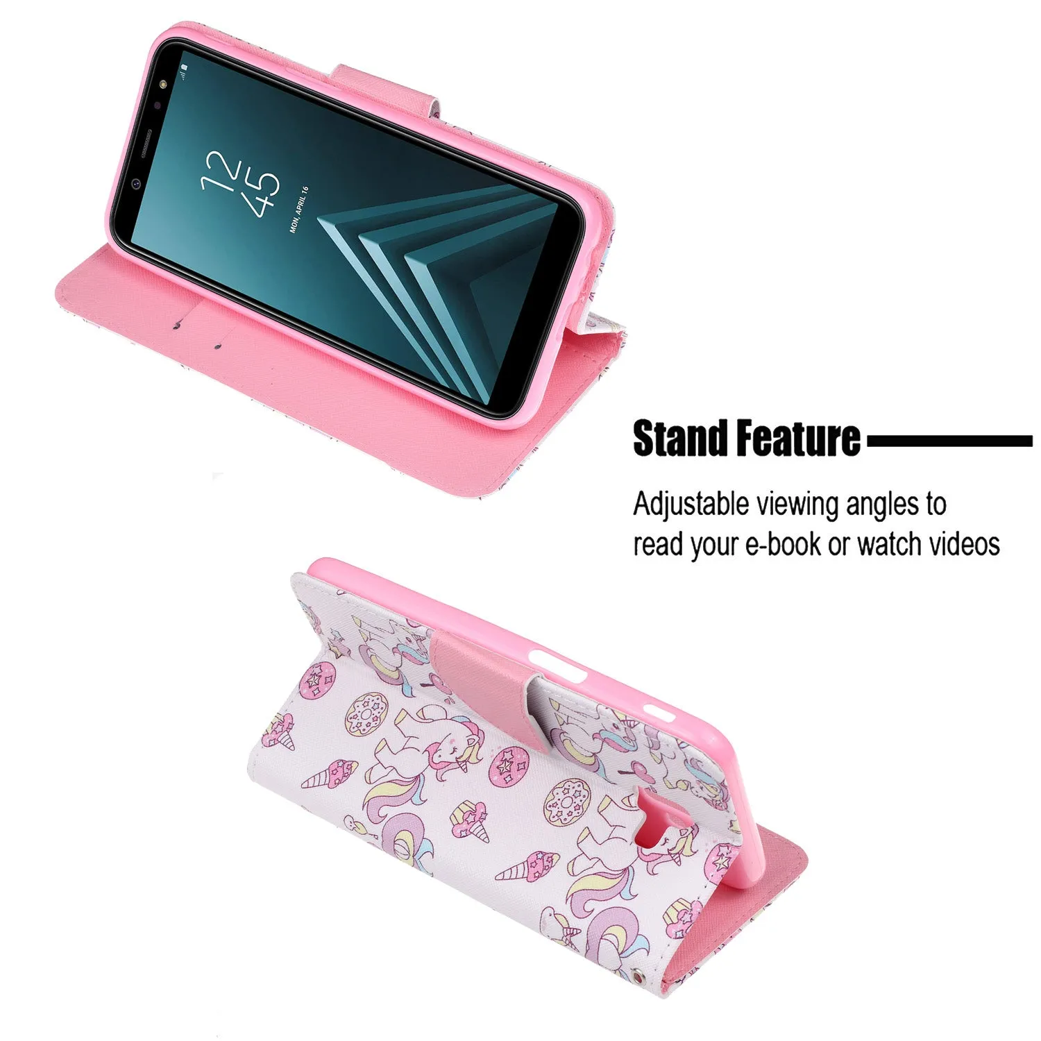 For Samsung J4 Plus/J6 Plus Cartoon Phone Shell Delicate Smartphone Case PU Leather Overall Protective Wallet Design Ice cream unicorn