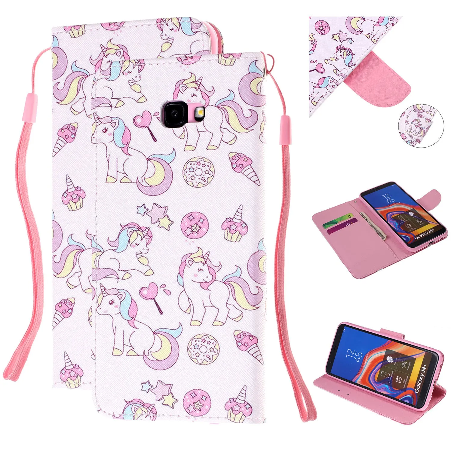 For Samsung J4 Plus/J6 Plus Cartoon Phone Shell Delicate Smartphone Case PU Leather Overall Protective Wallet Design peach blossom