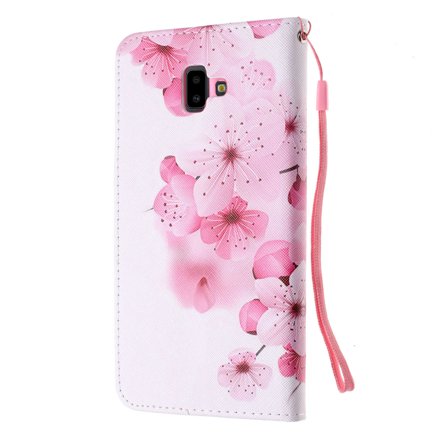 For Samsung J4 Plus/J6 Plus Cartoon Phone Shell Delicate Smartphone Case PU Leather Overall Protective Wallet Design peach blossom