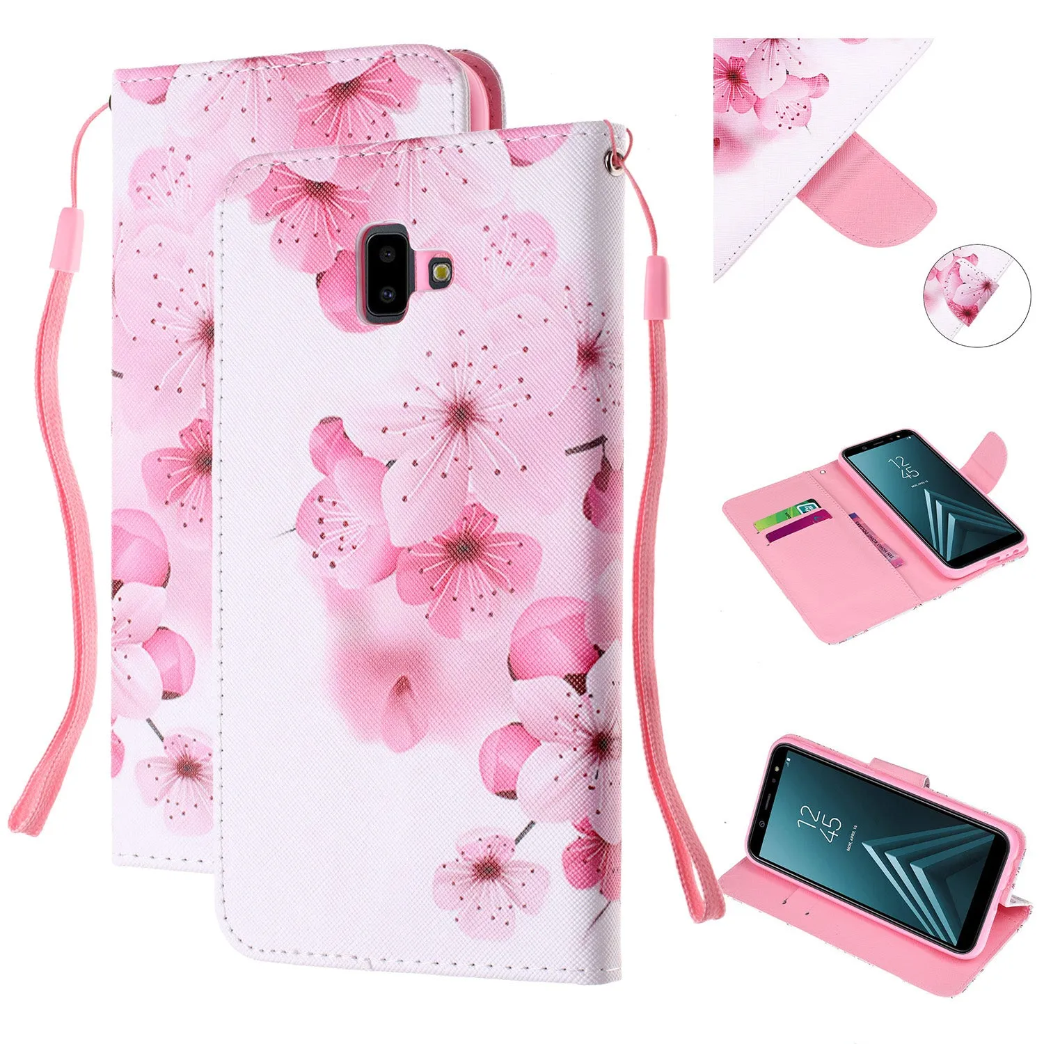For Samsung J4 Plus/J6 Plus Cartoon Phone Shell Delicate Smartphone Case PU Leather Overall Protective Wallet Design peach blossom