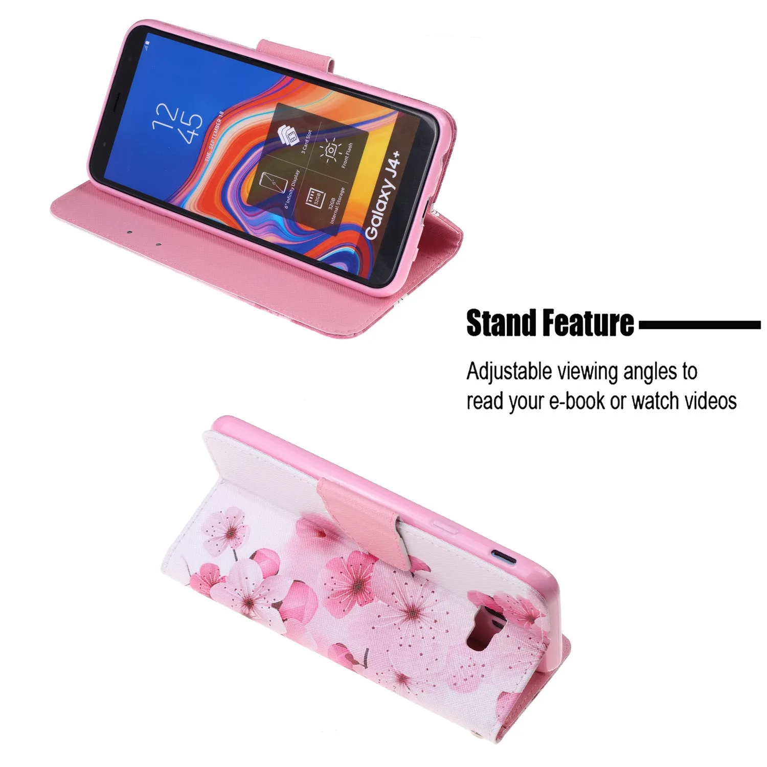 For Samsung J4 Plus/J6 Plus Cartoon Phone Shell Delicate Smartphone Case PU Leather Overall Protective Wallet Design peach blossom
