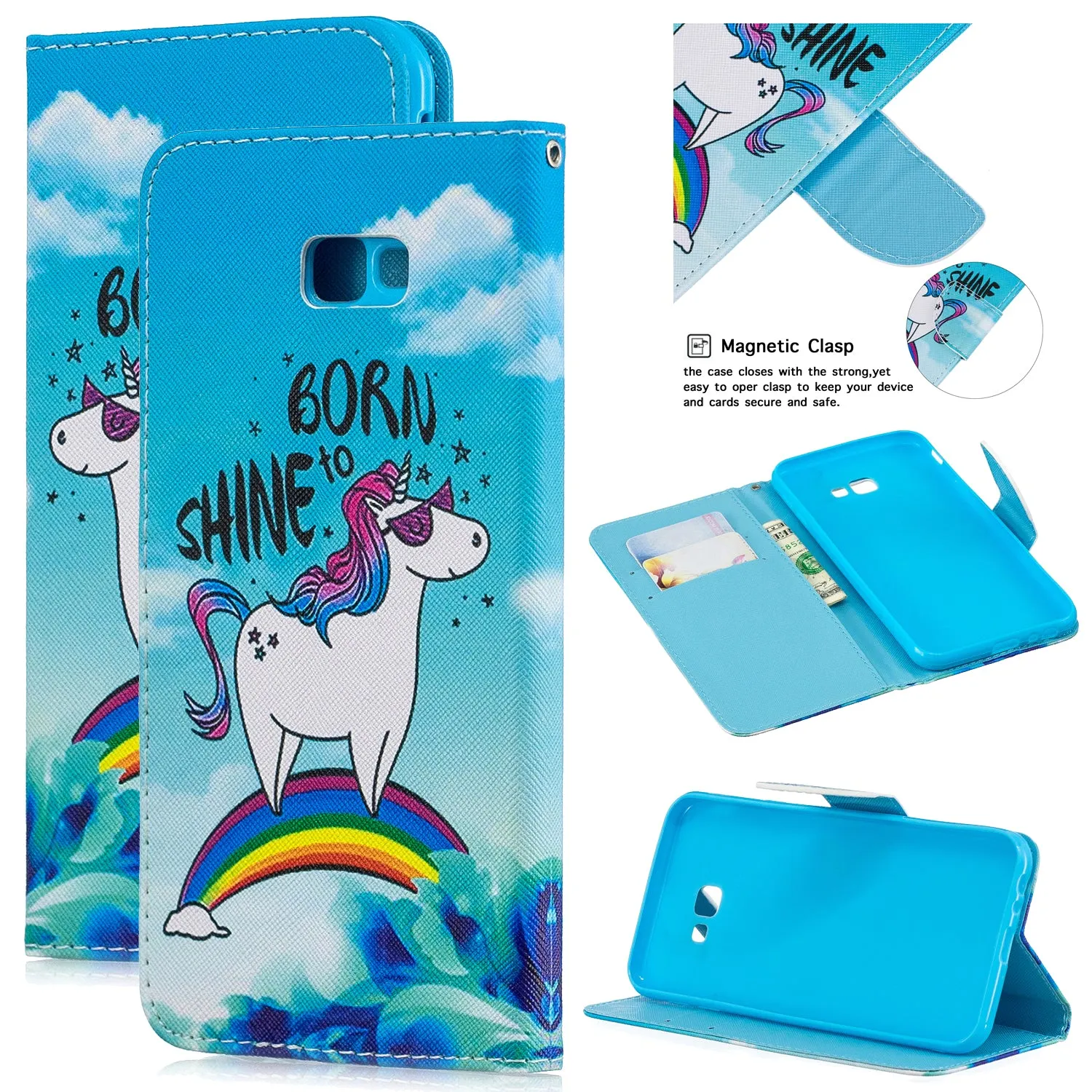 For Samsung J4 Plus/J6 Plus Cartoon Phone Shell Delicate Smartphone Case PU Leather Overall Protective Wallet Design Rainbow horse