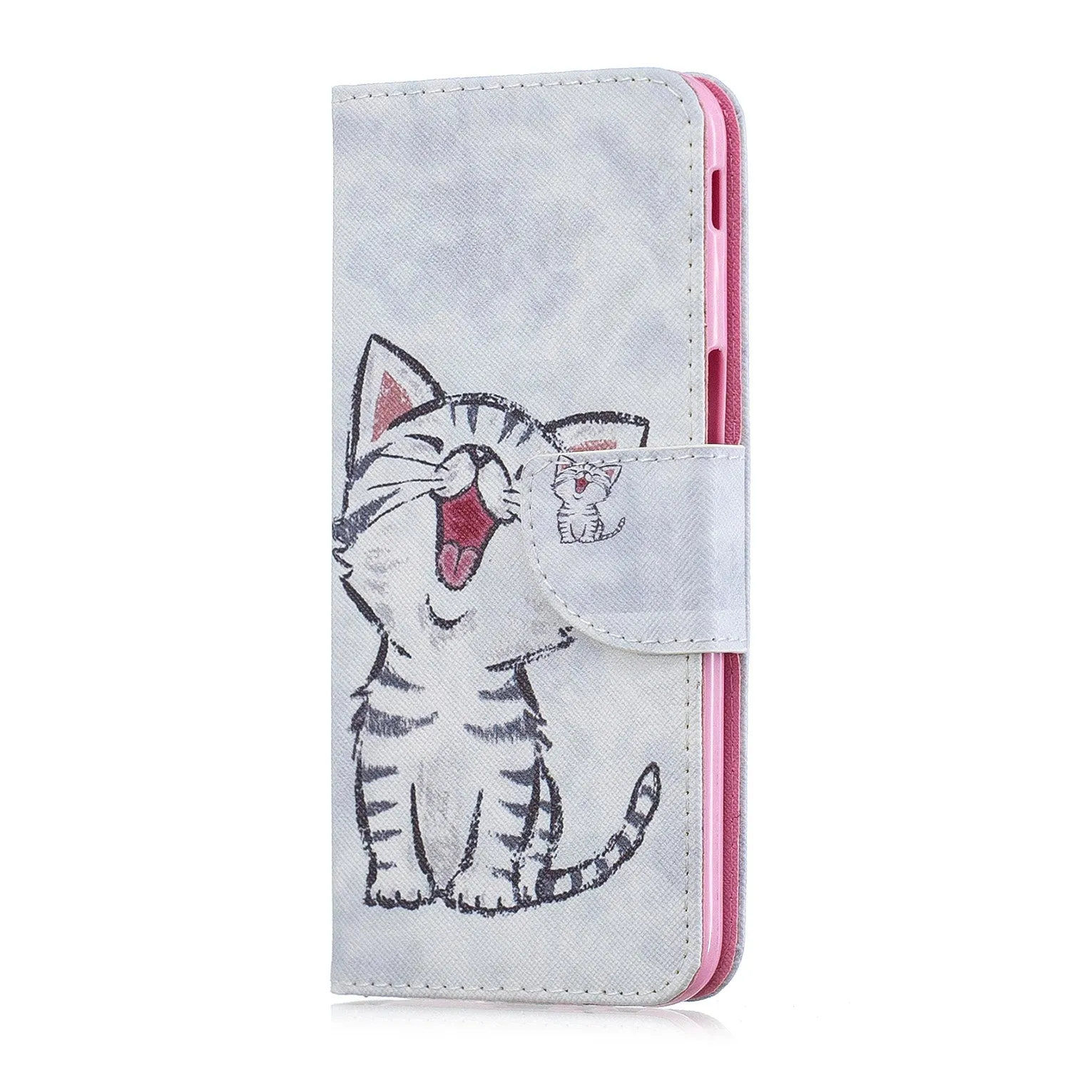 For Samsung J4 Plus/J6 Plus Cartoon Phone Shell Delicate Smartphone Case PU Leather Overall Protective Wallet Design Red lip cat