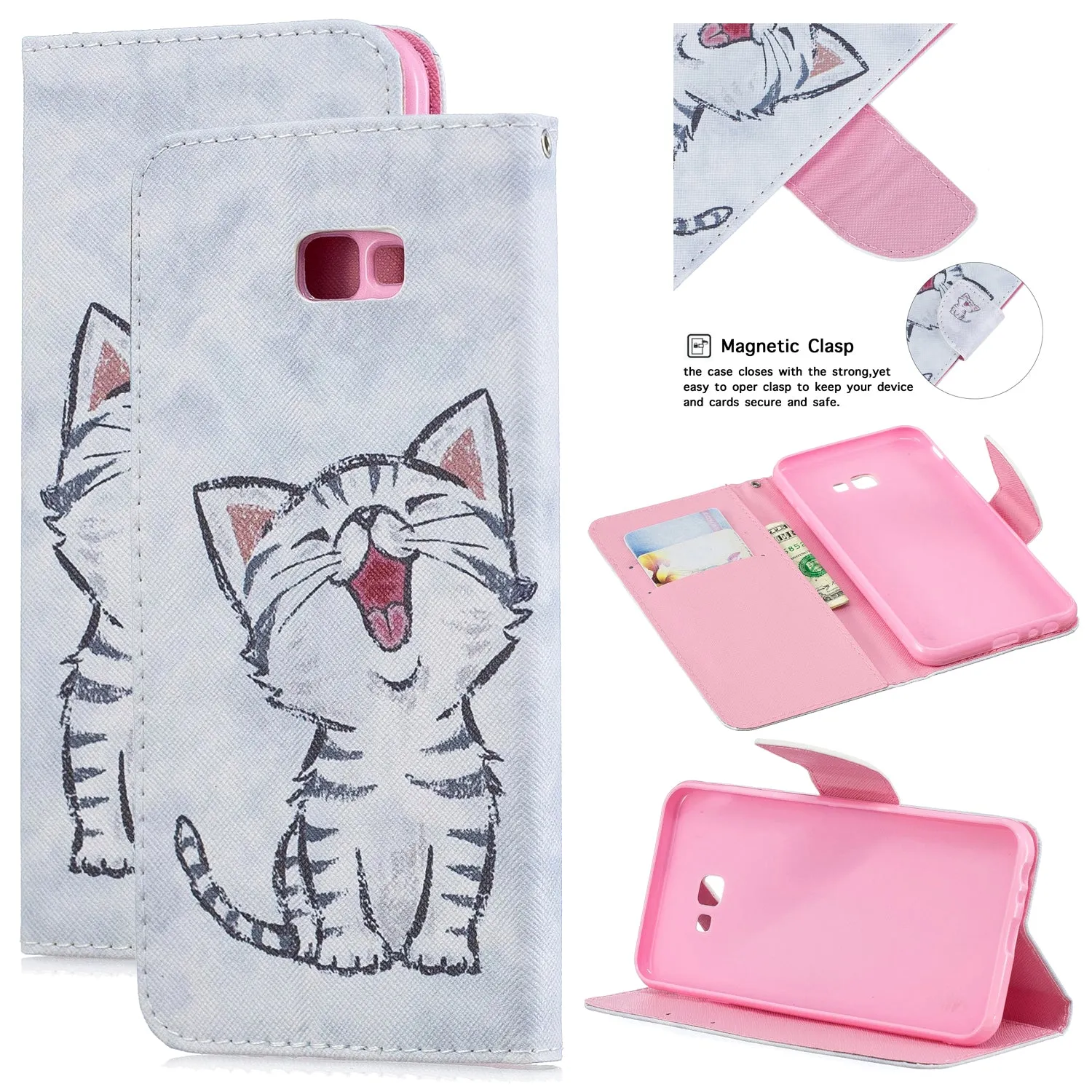 For Samsung J4 Plus/J6 Plus Cartoon Phone Shell Delicate Smartphone Case PU Leather Overall Protective Wallet Design Red lip cat