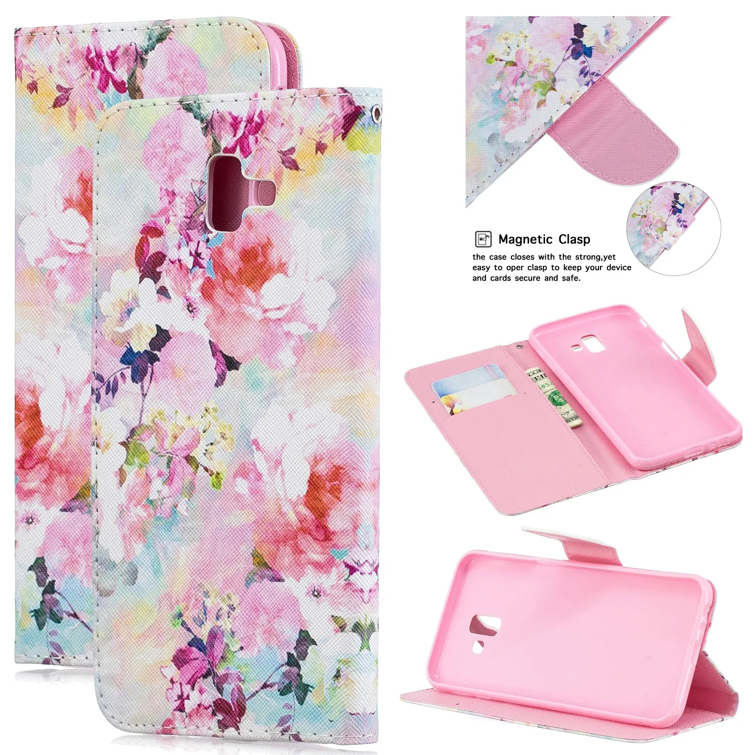 For Samsung J4 Plus/J6 Plus Cartoon Phone Shell Delicate Smartphone Case PU Leather Overall Protective Wallet Design Watercolor flower