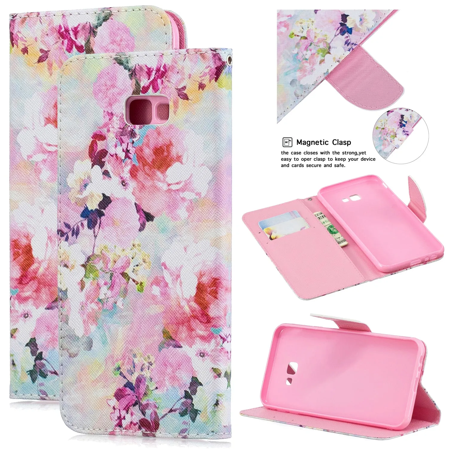 For Samsung J4 Plus/J6 Plus Cartoon Phone Shell Delicate Smartphone Case PU Leather Overall Protective Wallet Design Watercolor flower