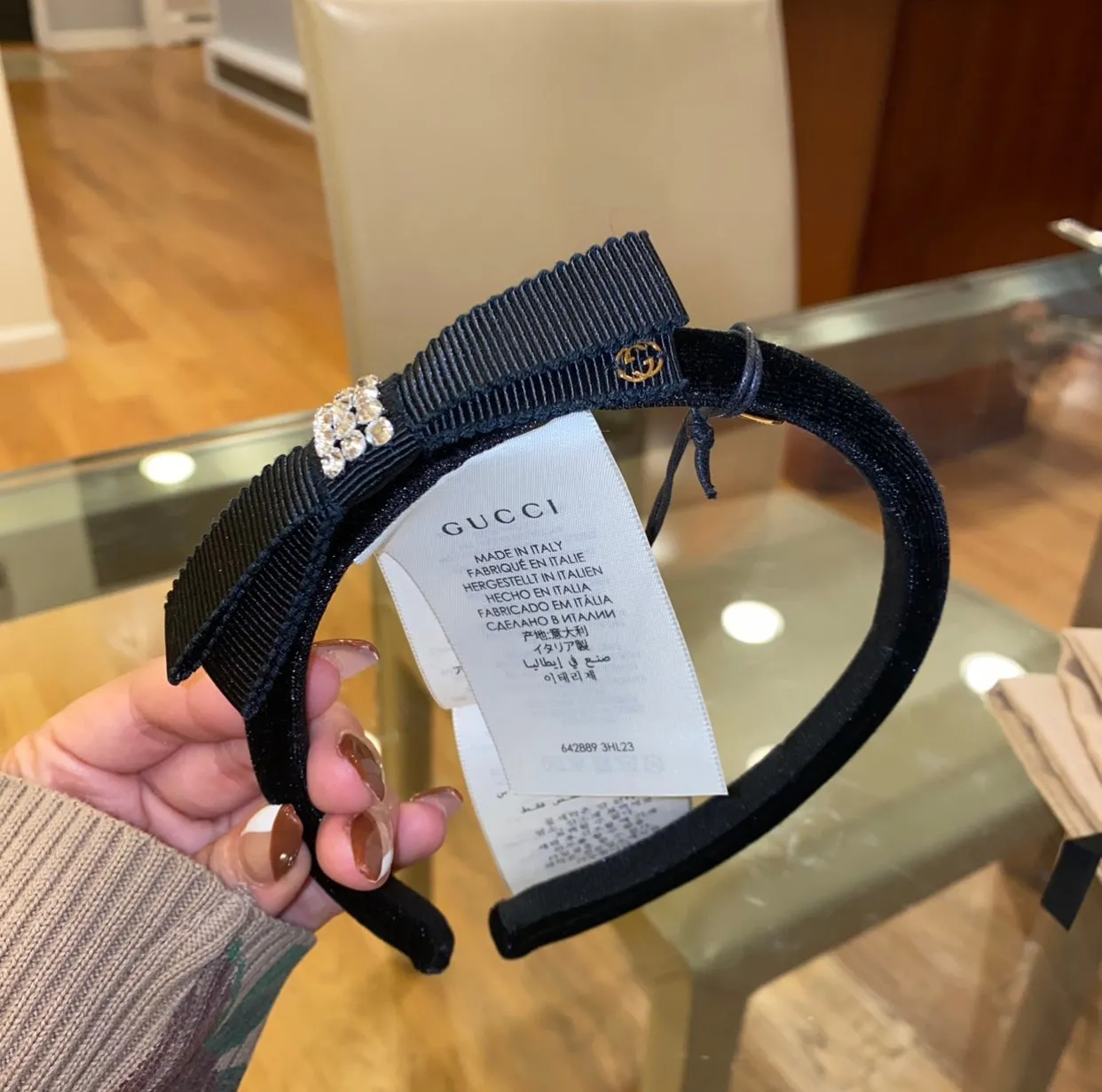 GUCCI Velvet Headband With Crystal Bow