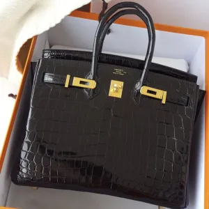 Hermès Birkin 25 Noir (Black) Crocodile Niloticus Lisse Gold Hardware GHW