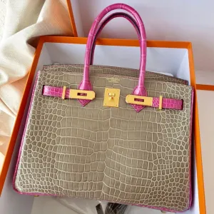 Hermès Birkin HSS 30 Gris Tourterelle/Rose Sheherazade Crocodile Porosus Lisse Gold Hardware GHW