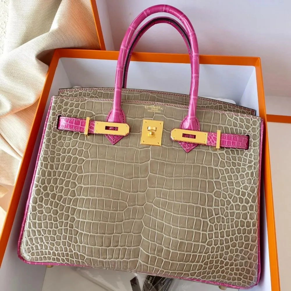 Hermès Birkin HSS 30 Gris Tourterelle/Rose Sheherazade Crocodile Porosus Lisse Gold Hardware GHW