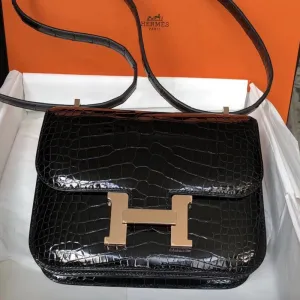 Hermès Constance 18 Noir (Black) Alligator Mississippi Lisse Rose Gold Hardware RGHW